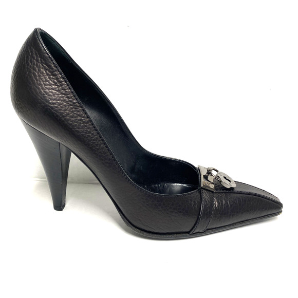 Casadei Pump Black Leather Point Toe Lock Charm Slim Heel Italy Slip On … - Picture 2 of 11